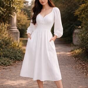 J.Crew SZ XS V-Neck Midi Dress In Cotton Poplin Smocked Waist L/S Pockets NWT